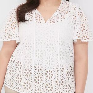 Lane Bryant White Eyelet Tie-Neck Blouse 100% Cotton size 20